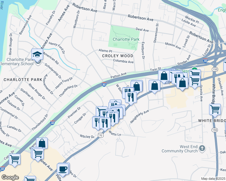map of restaurants, bars, coffee shops, grocery stores, and more near 438 Westboro Dr in Nashville
