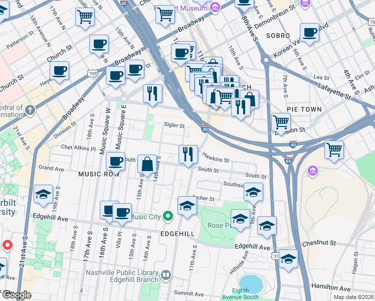 map of restaurants, bars, coffee shops, grocery stores, and more near in Nashville
