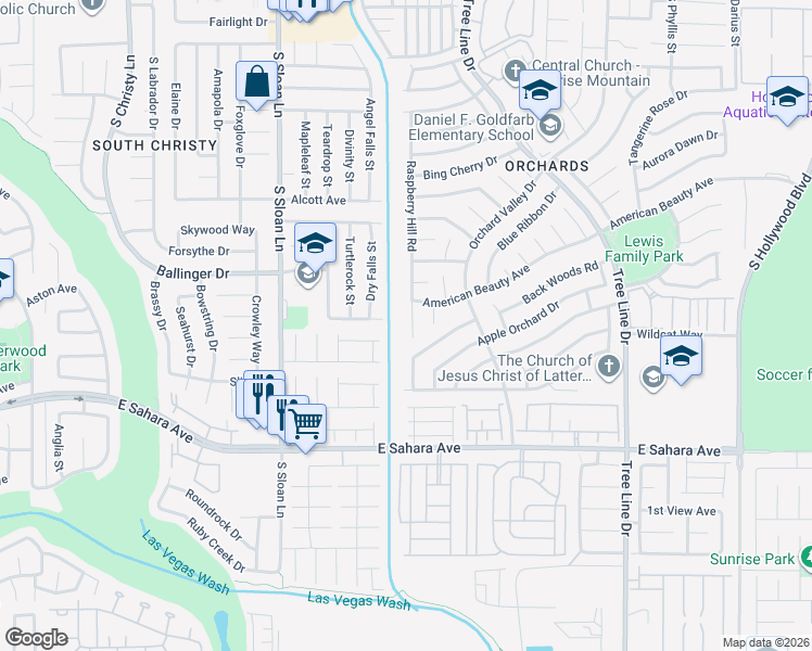 map of restaurants, bars, coffee shops, grocery stores, and more near 2167 Raspberry Hill Road in Las Vegas
