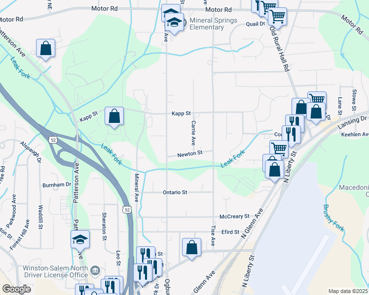 map of restaurants, bars, coffee shops, grocery stores, and more near 631 Newton Street in Winston-Salem
