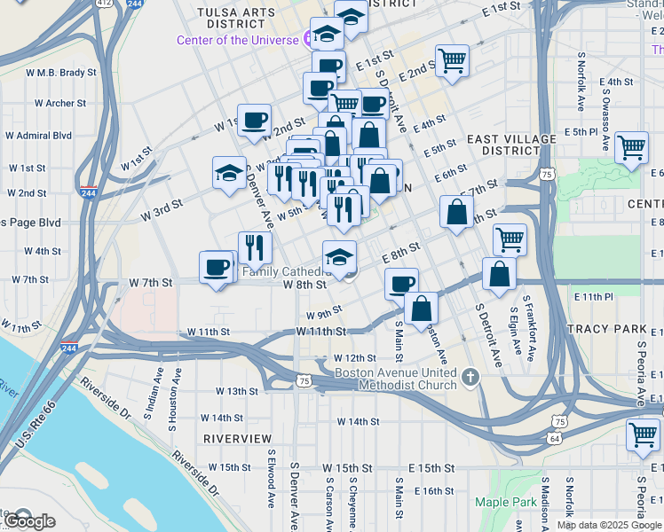 map of restaurants, bars, coffee shops, grocery stores, and more near 110 West 7th Street in Tulsa