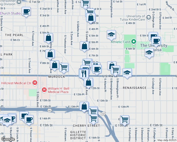 map of restaurants, bars, coffee shops, grocery stores, and more near 1005 South Lewis Avenue in Tulsa