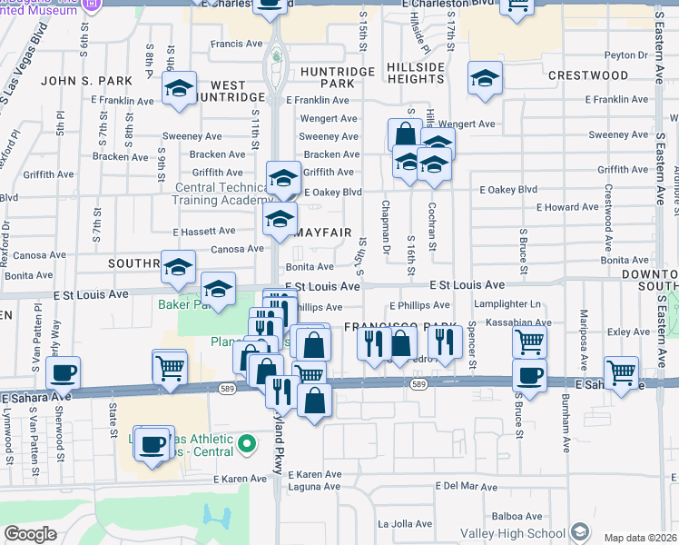 map of restaurants, bars, coffee shops, grocery stores, and more near 1406 Bonita Avenue in Las Vegas