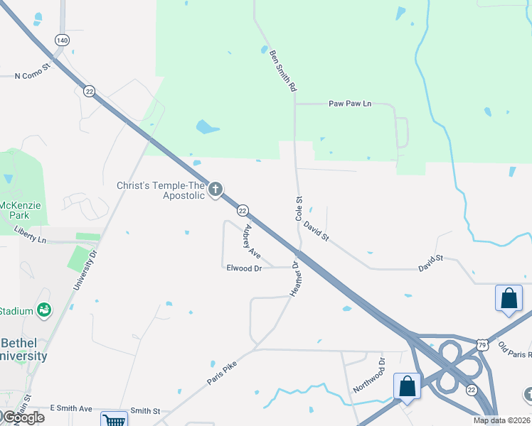 map of restaurants, bars, coffee shops, grocery stores, and more near 24330 Tennessee 22 in McKenzie