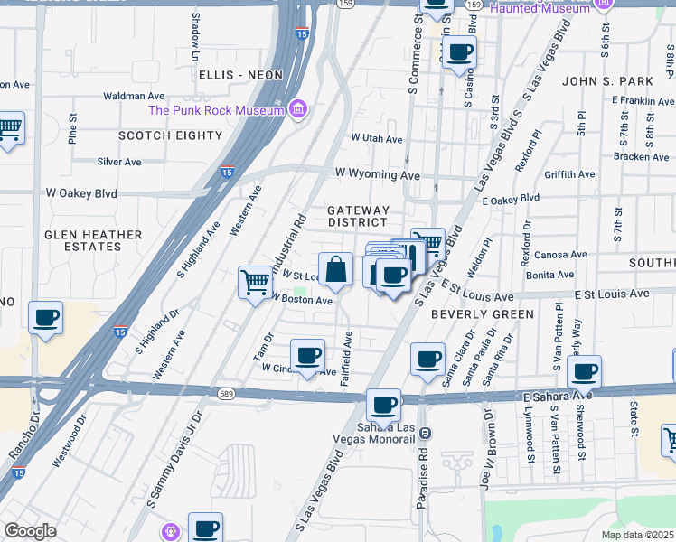 map of restaurants, bars, coffee shops, grocery stores, and more near 1909 Fairfield Avenue in Las Vegas