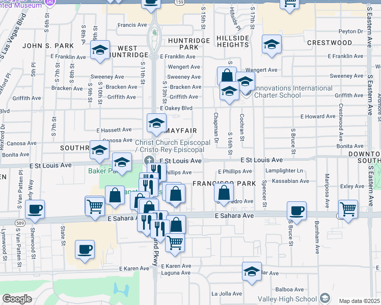 map of restaurants, bars, coffee shops, grocery stores, and more near 1406 Bonita Avenue in Las Vegas