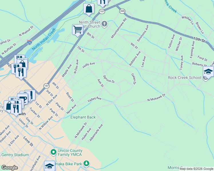 map of restaurants, bars, coffee shops, grocery stores, and more near 802 Chestnut Avenue in Erwin