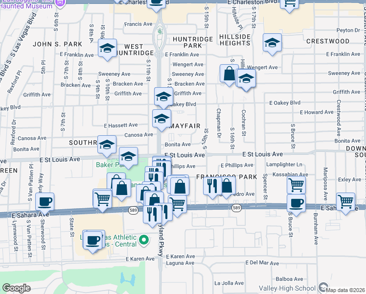 map of restaurants, bars, coffee shops, grocery stores, and more near 1312 Bonita Avenue in Las Vegas