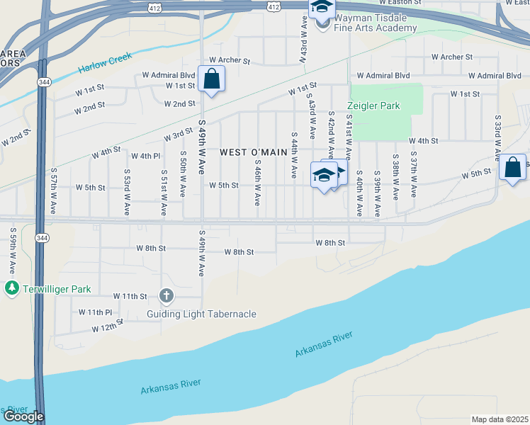 map of restaurants, bars, coffee shops, grocery stores, and more near 539 South 46th West Avenue in Tulsa