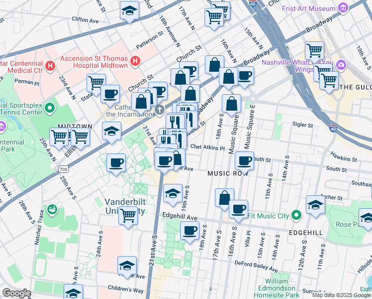 map of restaurants, bars, coffee shops, grocery stores, and more near 900 20th Avenue South in Nashville