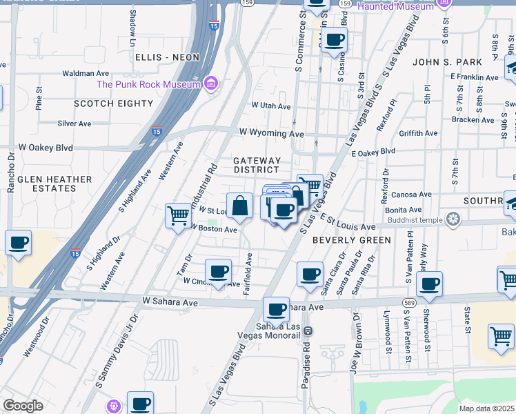 map of restaurants, bars, coffee shops, grocery stores, and more near 1909 Fairfield Avenue in Las Vegas
