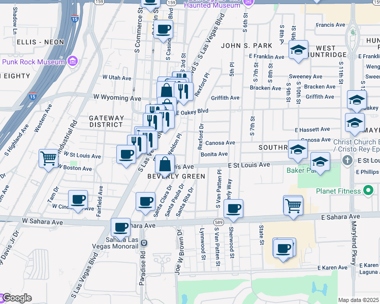map of restaurants, bars, coffee shops, grocery stores, and more near 1909 Santa Paula Drive in Las Vegas