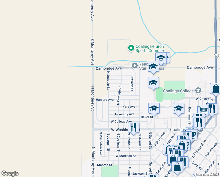 map of restaurants, bars, coffee shops, grocery stores, and more near 1304 North Joaquin Street in Coalinga