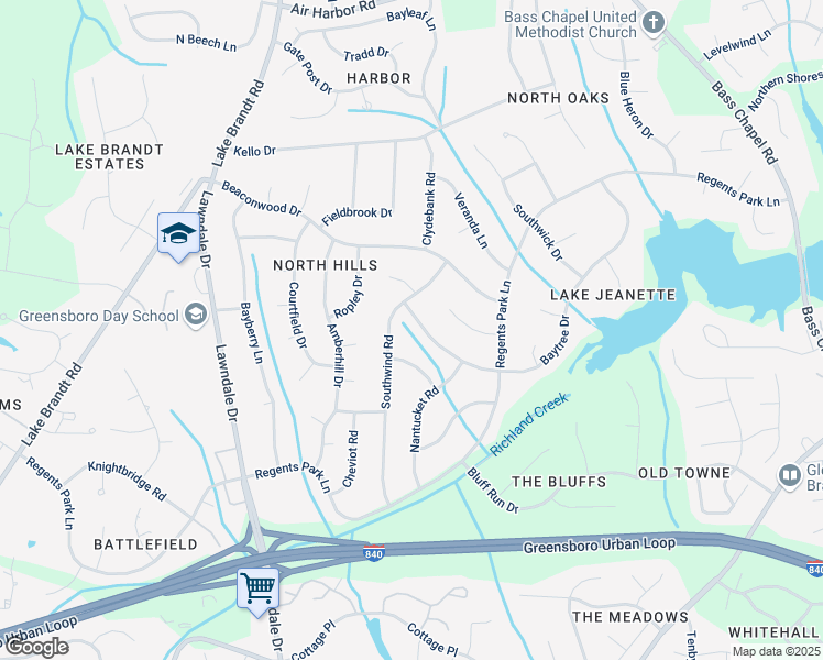 map of restaurants, bars, coffee shops, grocery stores, and more near 2617 Baytree Drive in Greensboro