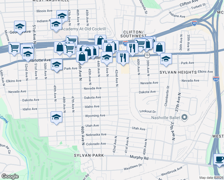 map of restaurants, bars, coffee shops, grocery stores, and more near 4211 Nevada Avenue in Nashville