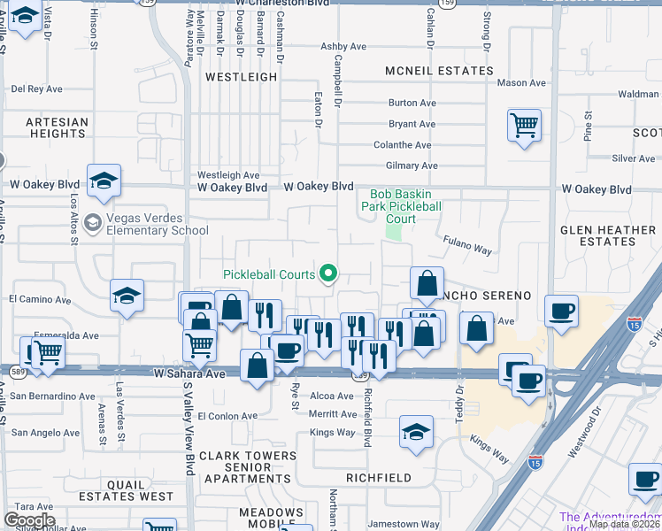 map of restaurants, bars, coffee shops, grocery stores, and more near 2108 Calle de Espana in Las Vegas
