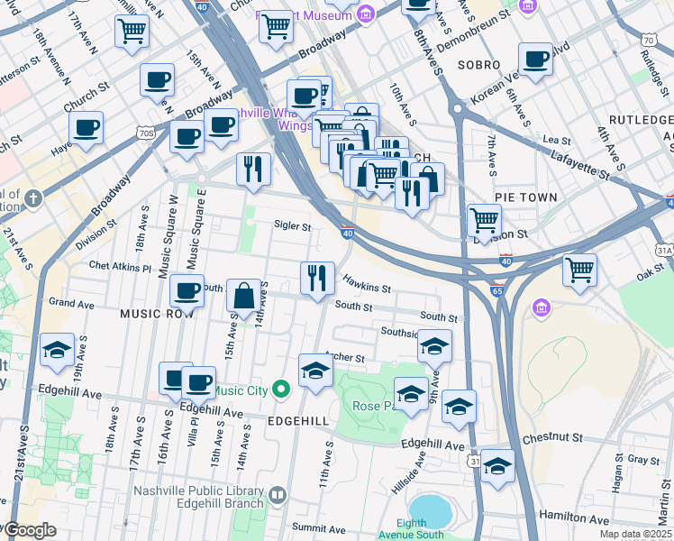 map of restaurants, bars, coffee shops, grocery stores, and more near 12th Ave S & Hawkins St in Nashville