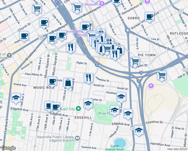 map of restaurants, bars, coffee shops, grocery stores, and more near Hawkins Street in Nashville