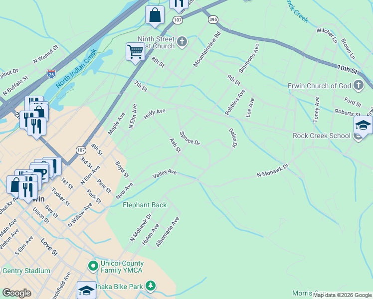 map of restaurants, bars, coffee shops, grocery stores, and more near 802 Chestnut Avenue in Erwin