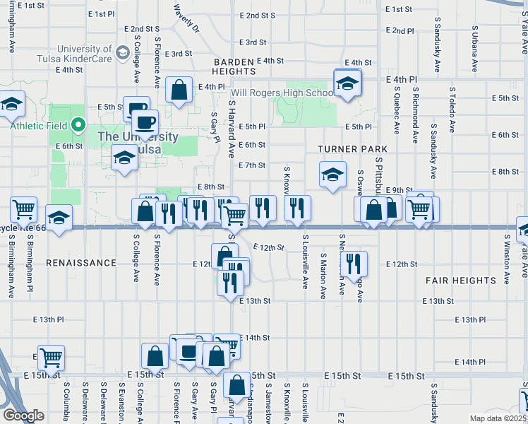 map of restaurants, bars, coffee shops, grocery stores, and more near 844 South Jamestown Avenue in Tulsa
