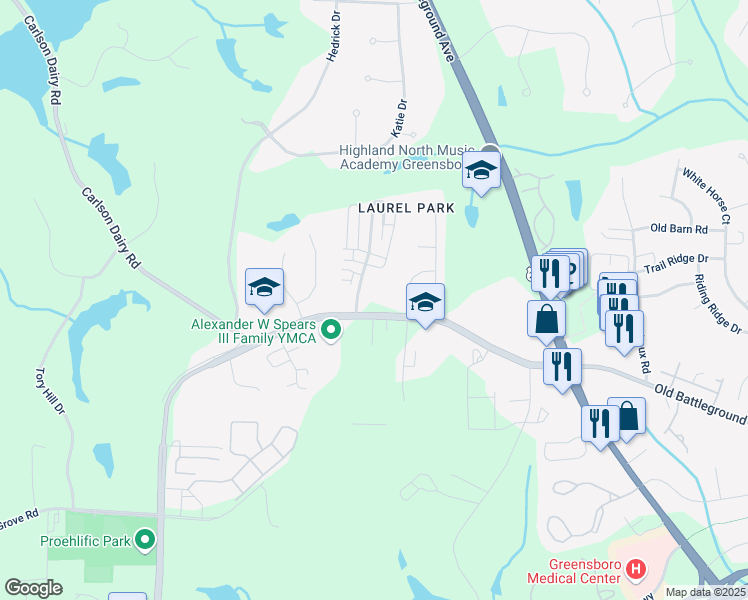 map of restaurants, bars, coffee shops, grocery stores, and more near 4301 Hanberry Drive in Greensboro