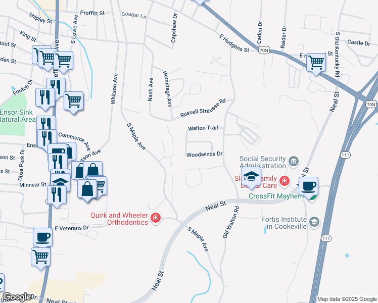 map of restaurants, bars, coffee shops, grocery stores, and more near 885 Walton Trail in Cookeville