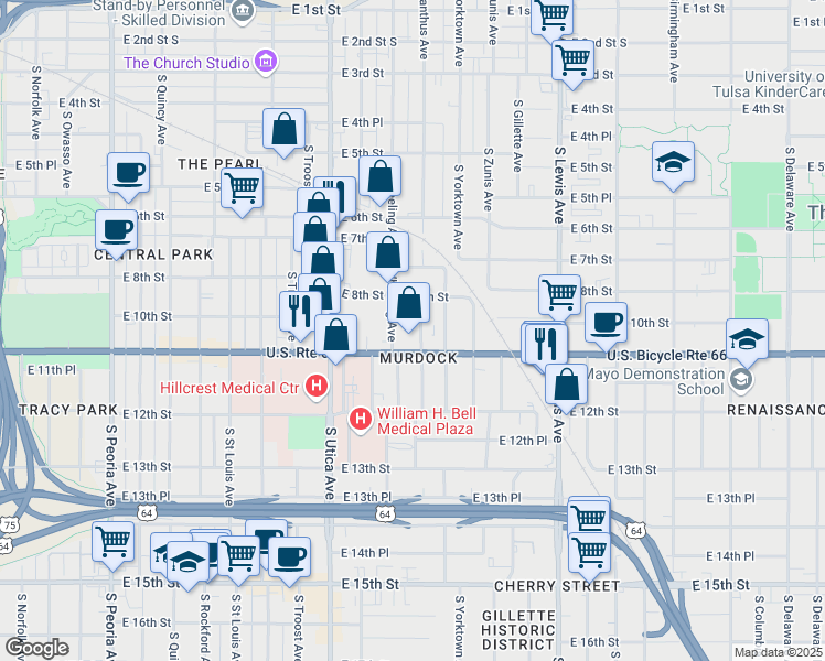 map of restaurants, bars, coffee shops, grocery stores, and more near 832 South Xanthus Avenue in Tulsa