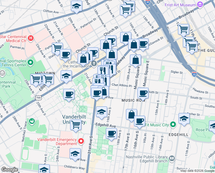 map of restaurants, bars, coffee shops, grocery stores, and more near 900 20th Avenue South in Nashville
