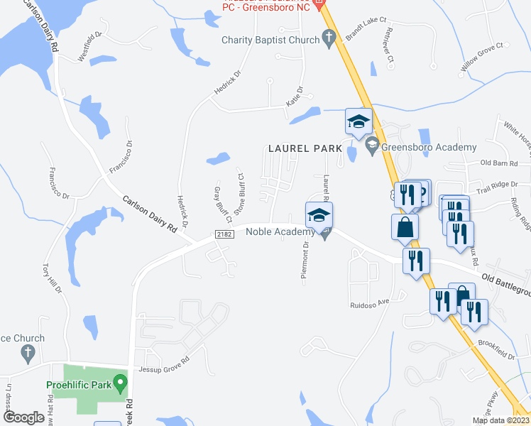 map of restaurants, bars, coffee shops, grocery stores, and more near 4301 Hanberry Dr in Greensboro