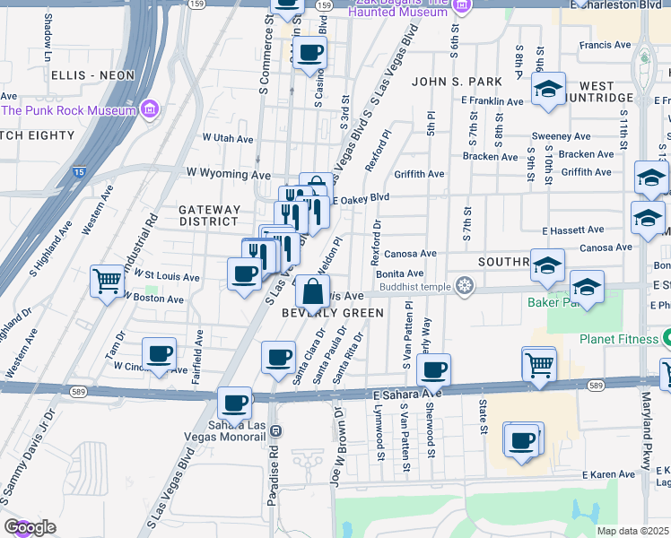map of restaurants, bars, coffee shops, grocery stores, and more near 605 El Centro Place in Las Vegas