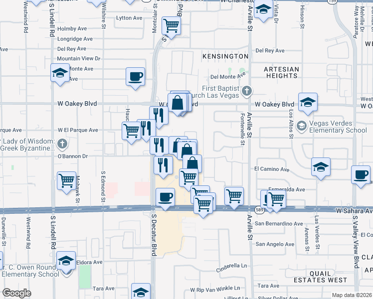 map of restaurants, bars, coffee shops, grocery stores, and more near 4708 O'Bannon Drive in Las Vegas