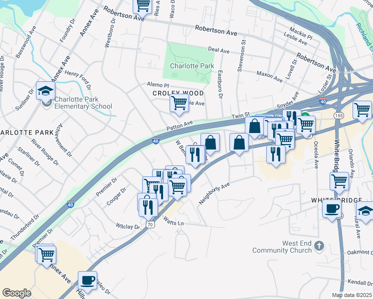 map of restaurants, bars, coffee shops, grocery stores, and more near 426 West Bend Drive in Nashville
