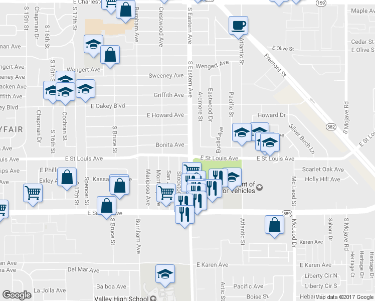 map of restaurants, bars, coffee shops, grocery stores, and more near 1916 South Eastern Avenue in Las Vegas