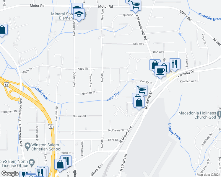 map of restaurants, bars, coffee shops, grocery stores, and more near 4332 Grove Avenue in Winston-Salem