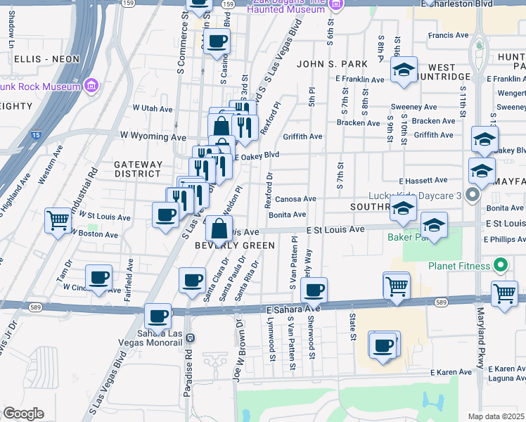 map of restaurants, bars, coffee shops, grocery stores, and more near 1908 Rexford Drive in Las Vegas