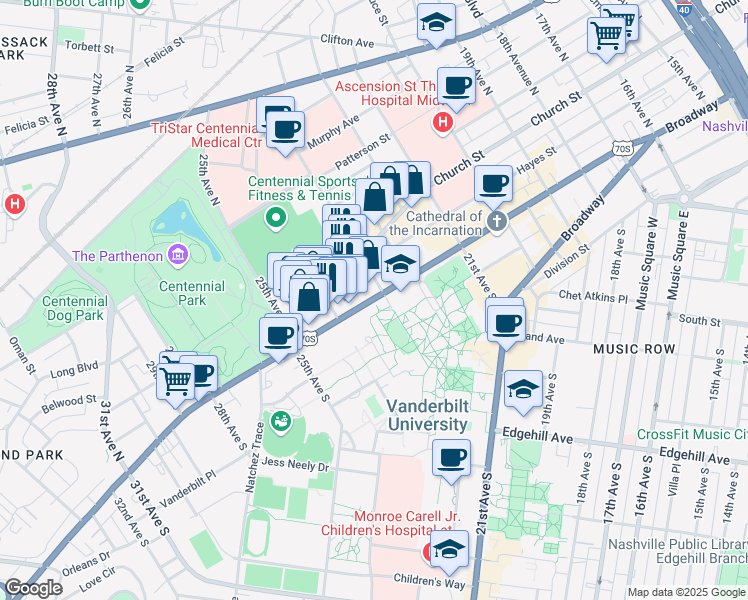map of restaurants, bars, coffee shops, grocery stores, and more near 2201 West End Avenue in Nashville