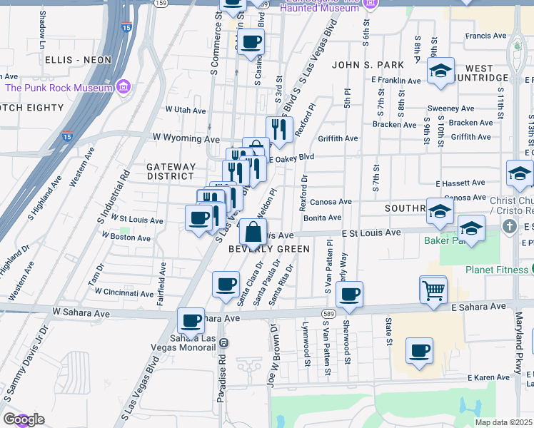 map of restaurants, bars, coffee shops, grocery stores, and more near 1909 Weldon Place in Las Vegas