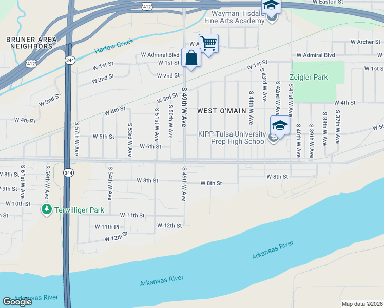 map of restaurants, bars, coffee shops, grocery stores, and more near 531 South 49th West Avenue in Tulsa