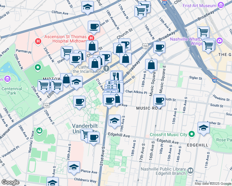 map of restaurants, bars, coffee shops, grocery stores, and more near 2031 Broadway in Nashville