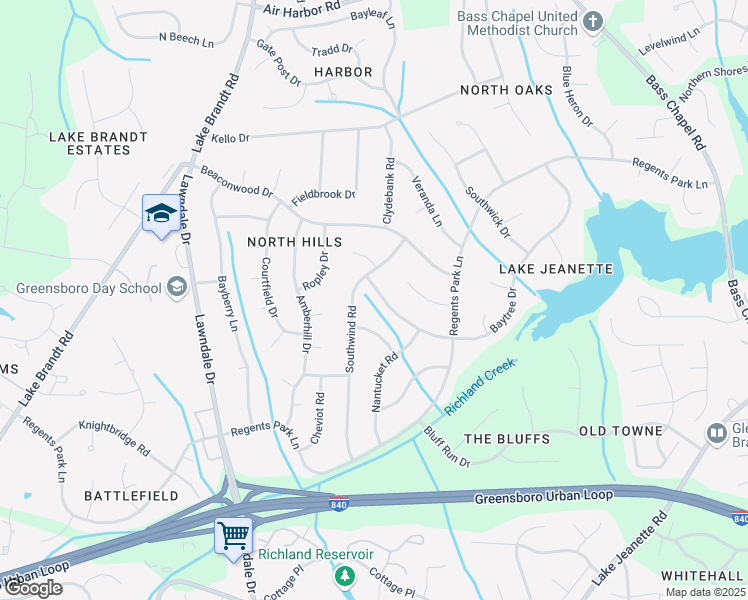 map of restaurants, bars, coffee shops, grocery stores, and more near 2617 Baytree Drive in Greensboro