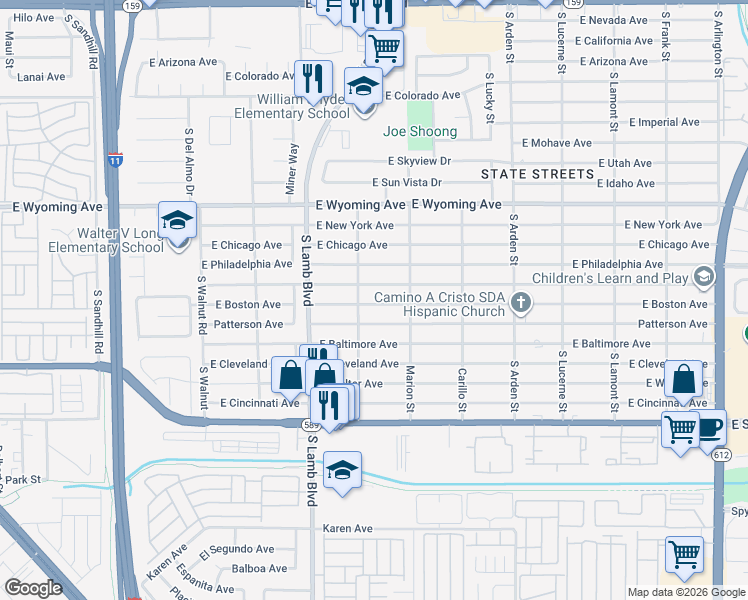 map of restaurants, bars, coffee shops, grocery stores, and more near 4342 East Boston Avenue in Las Vegas