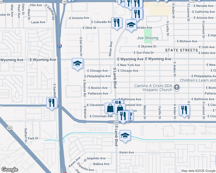 map of restaurants, bars, coffee shops, grocery stores, and more near 4140 East Boston Avenue in Las Vegas