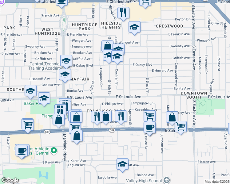 map of restaurants, bars, coffee shops, grocery stores, and more near 1624 Bonita Avenue in Las Vegas