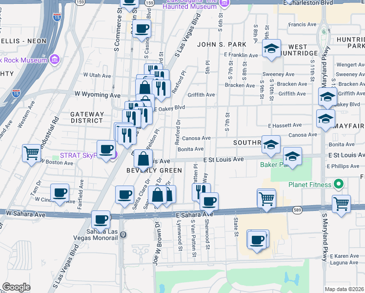 map of restaurants, bars, coffee shops, grocery stores, and more near 553 Bonita Avenue in Las Vegas