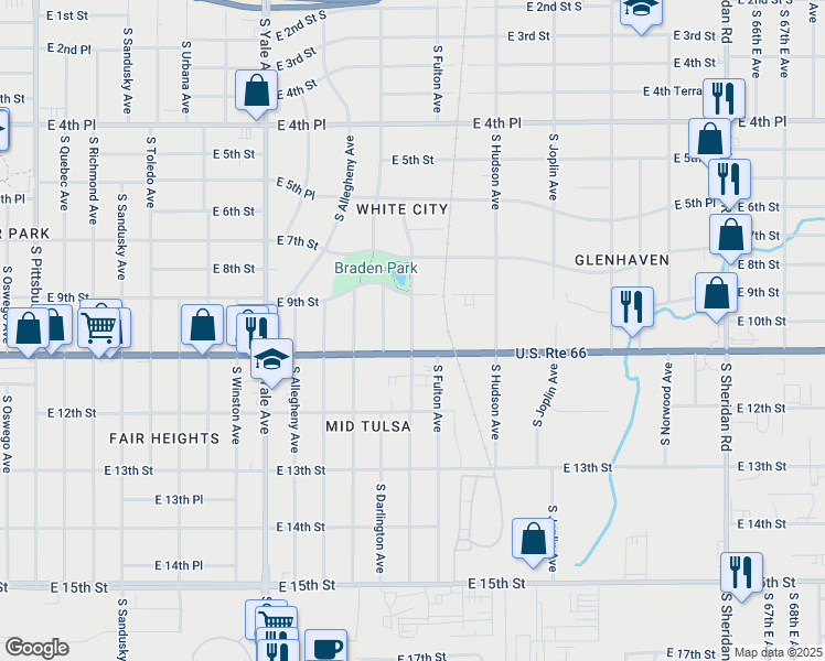 map of restaurants, bars, coffee shops, grocery stores, and more near 941 South Darlington Avenue in Tulsa