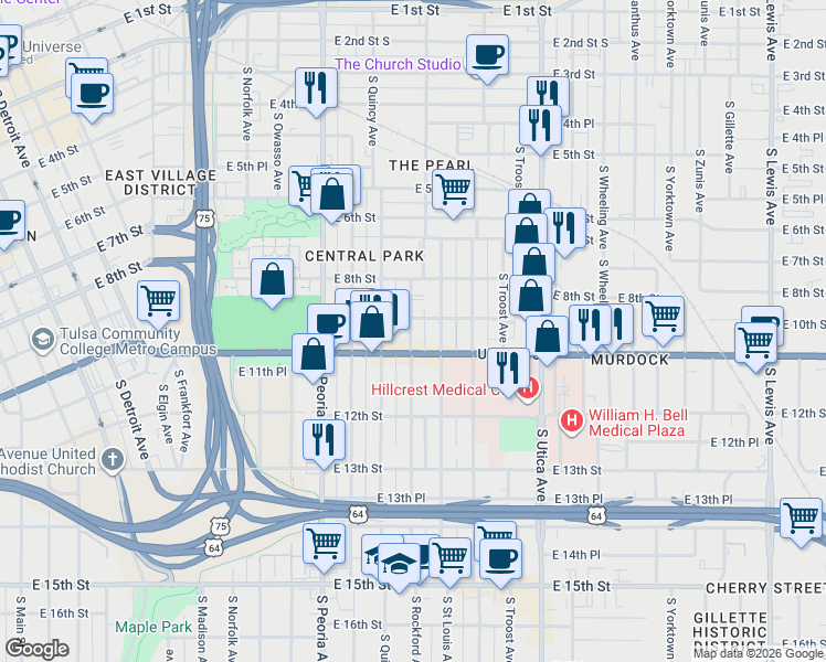 map of restaurants, bars, coffee shops, grocery stores, and more near 1010 South Saint Louis Avenue in Tulsa