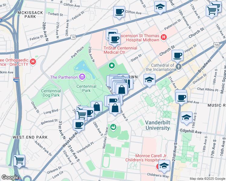 map of restaurants, bars, coffee shops, grocery stores, and more near 214 25th Avenue North in Nashville