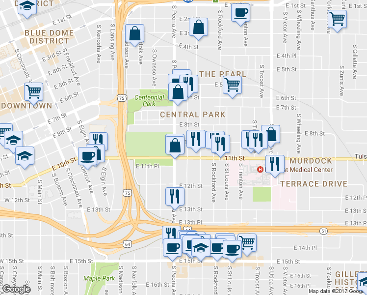 map of restaurants, bars, coffee shops, grocery stores, and more near 1010 South Quaker Avenue in Tulsa