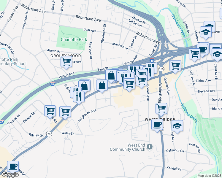 map of restaurants, bars, coffee shops, grocery stores, and more near 5917 U.S. 70 in Nashville