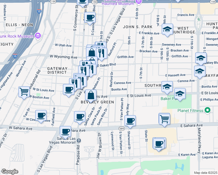 map of restaurants, bars, coffee shops, grocery stores, and more near 1908 Rexford Drive in Las Vegas